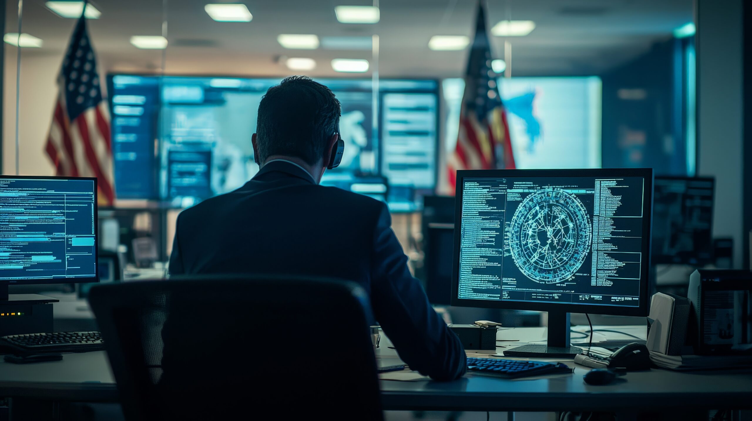 A government office where cybersecurity policies are being drafted, with officials discussing regulations and standards to protect national infrastructure