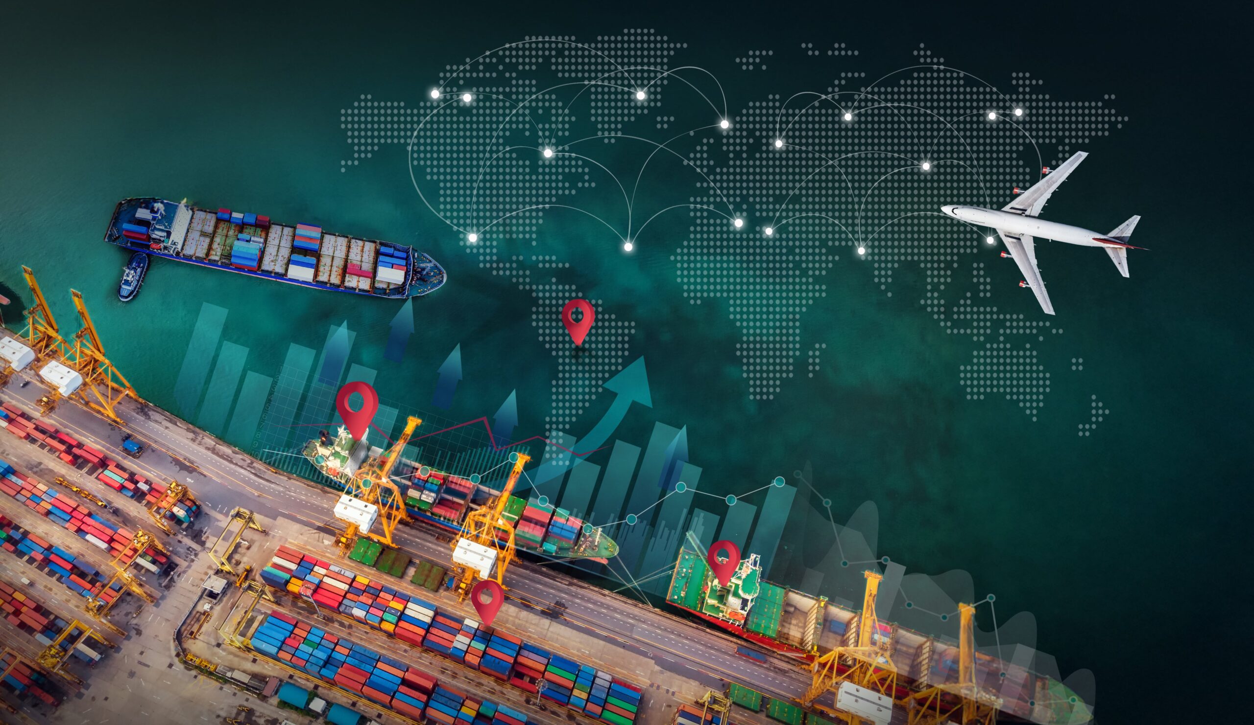 container ships on a green ocean with world map superimposed