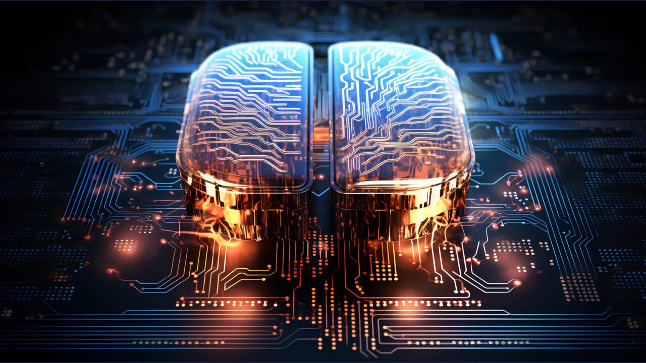 Big data and artificial intelligence concept. Human brain glowing from processor, symbolizing the fusion of human intelligence and machine learning capabilities. Evolution of technology of data.